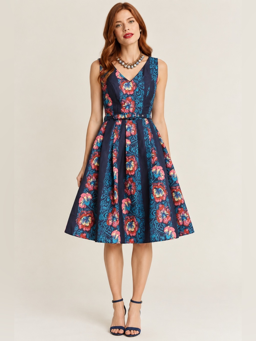 ModCloth Dress Floral Tea Dress Belted Jacquard Pockets Retro Rockabilly damask